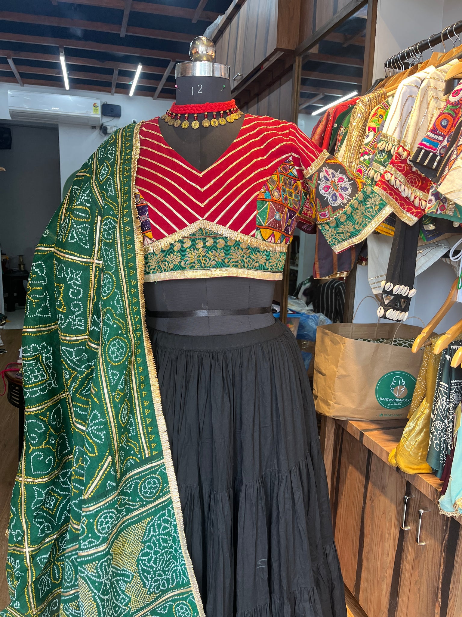 MAROON AND BLACK, GREEN BANDHANI CHANIYA CHOLI HANDMADEAHOLIC BY MISHKA