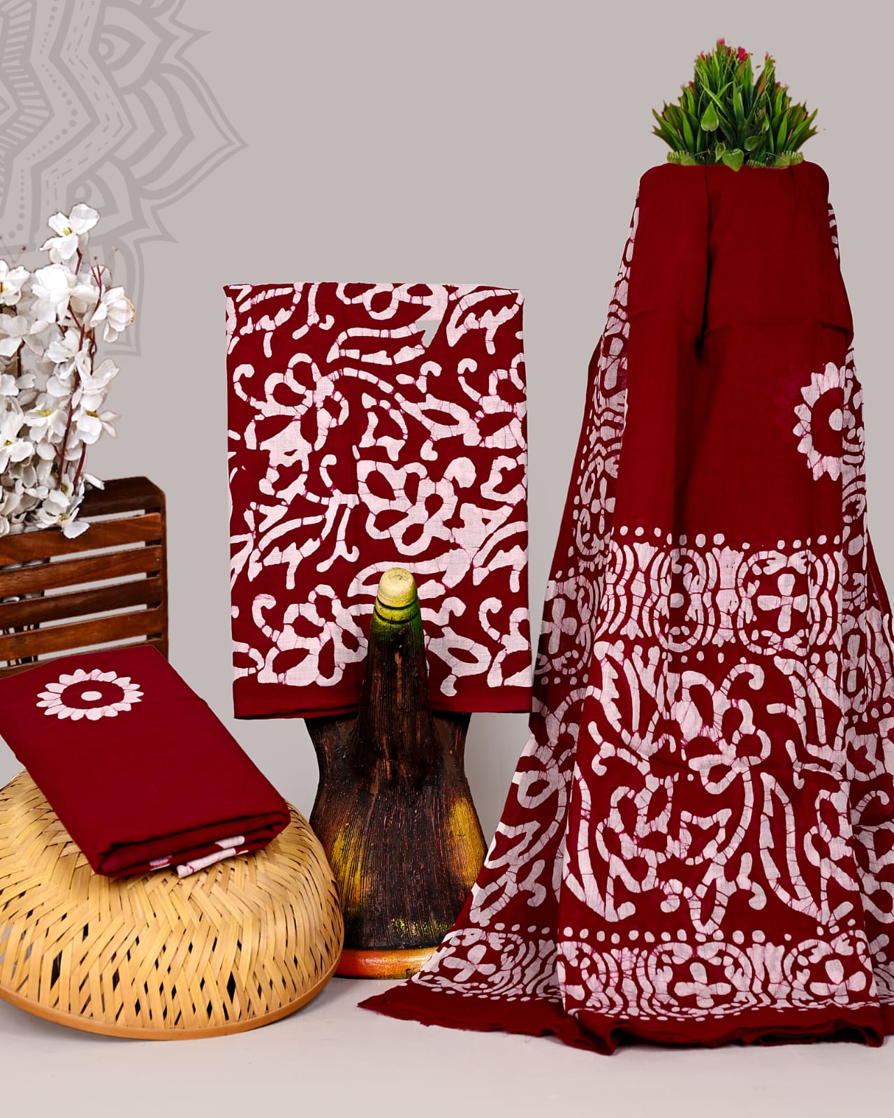 HANDBLOCK COTTON UNSTITCHED SUIT WITH COTTON DUPATTA