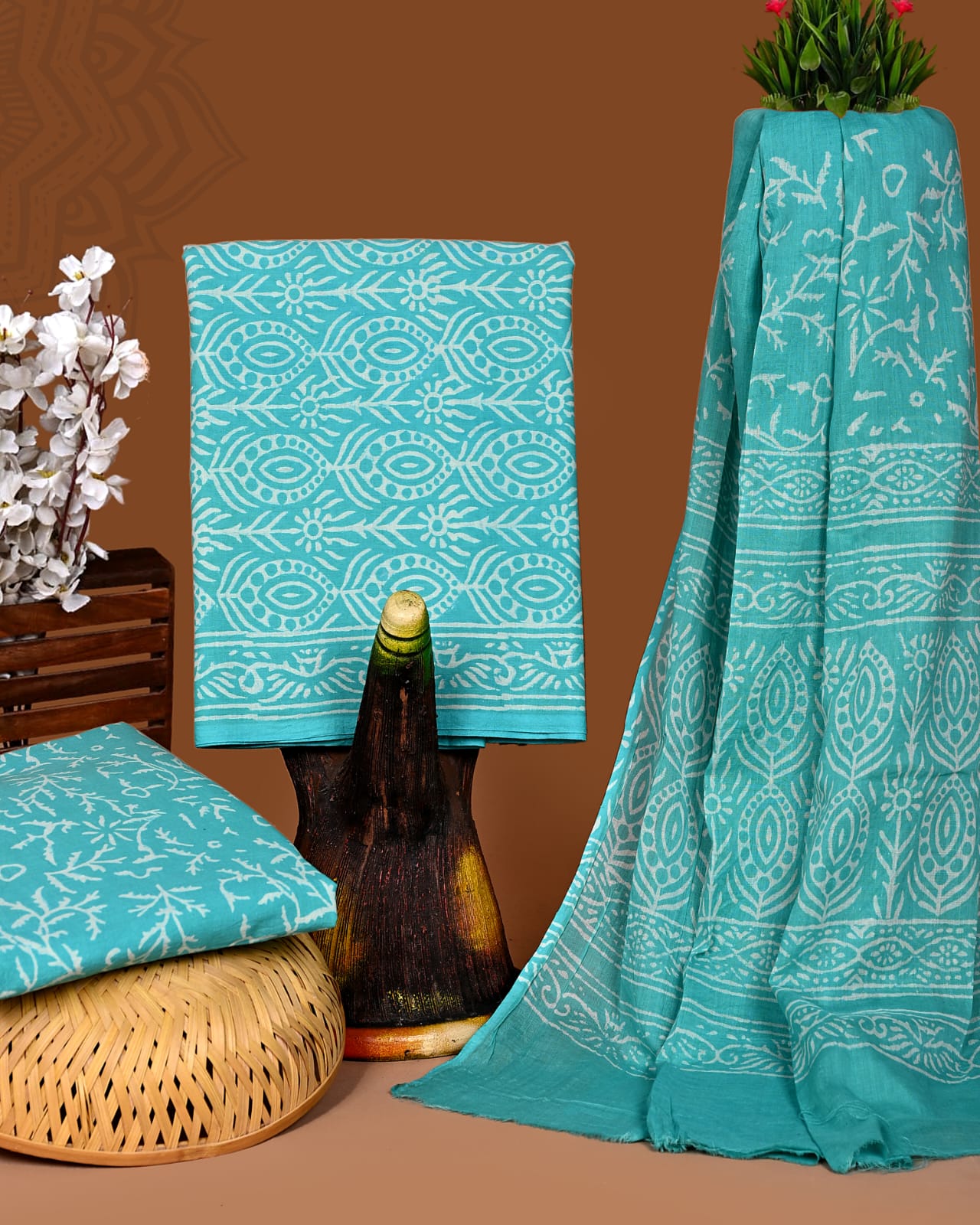 HANDBLOCK COTTON UNSTITCHED SUIT WITH COTTON DUPATTA