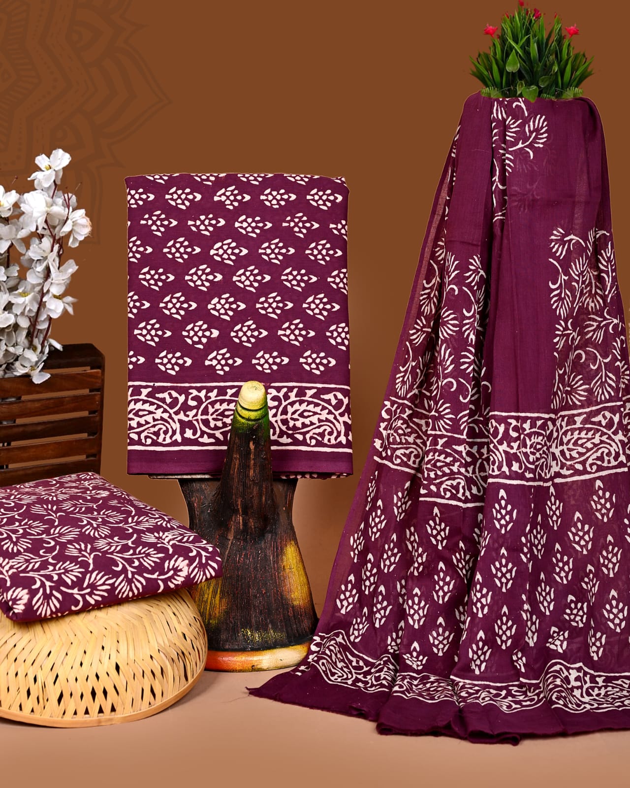 HANDBLOCK COTTON UNSTITCHED SUIT WITH COTTON DUPATTA