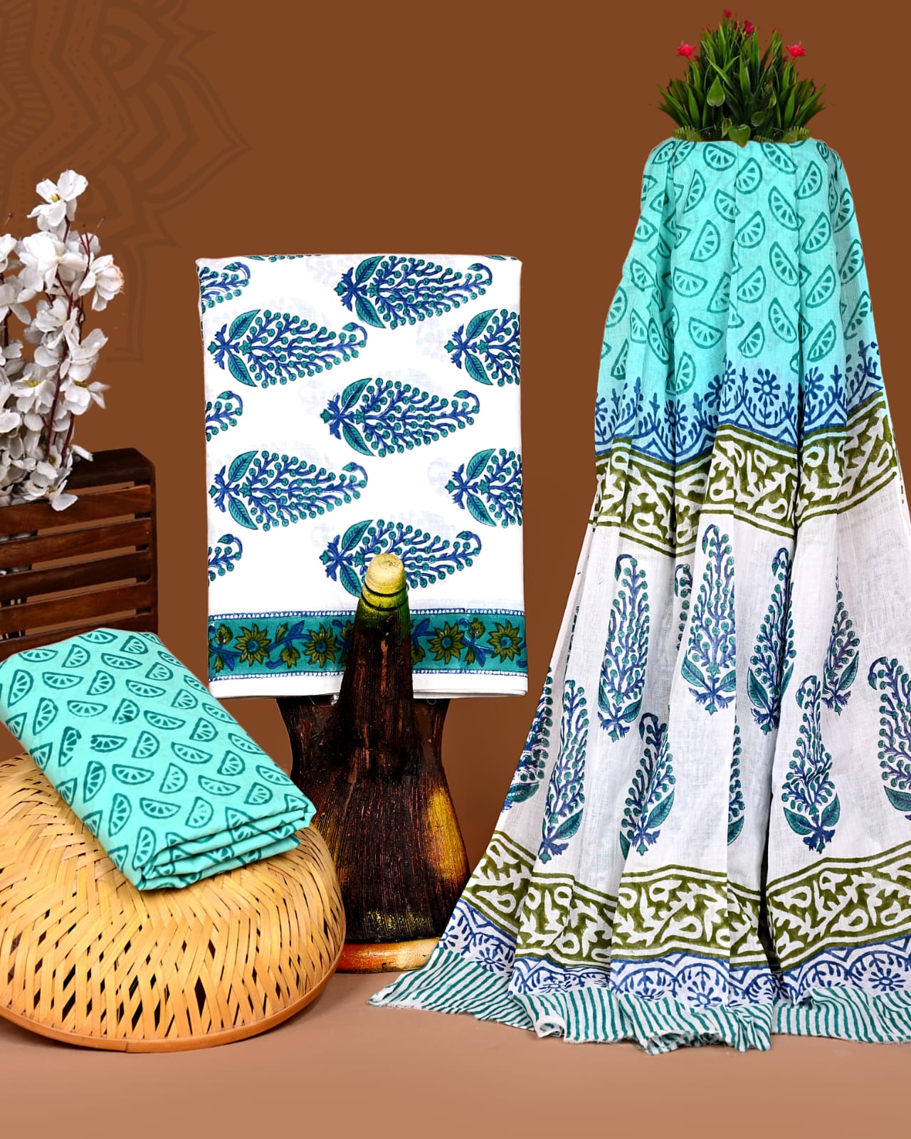 HANDBLOCK COTTON UNSTITCHED SUIT WITH COTTON DUPATTA