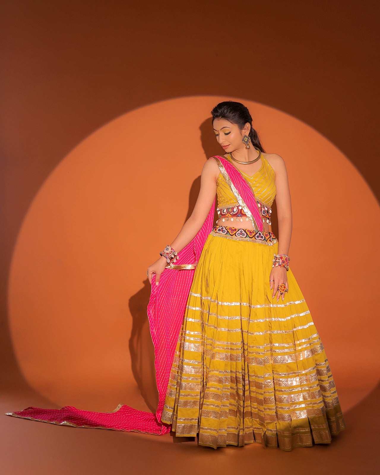 MULTI LAMPI MUSTARD CHANIYA CHOLI RAAS'25 HANDMADEAHOLIC BY MISHKA