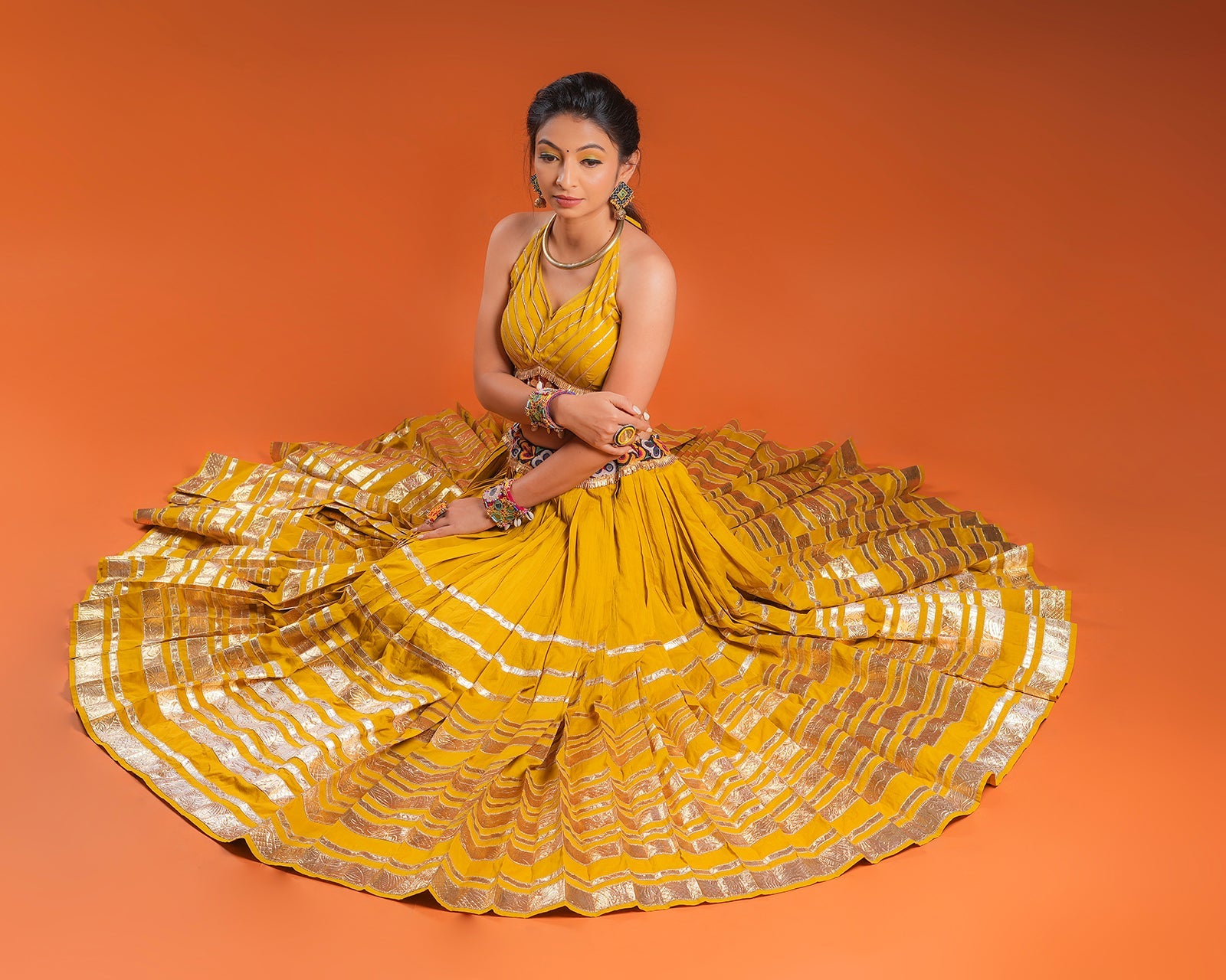 MULTI LAMPI MUSTARD CHANIYA CHOLI RAAS'25 HANDMADEAHOLIC BY MISHKA