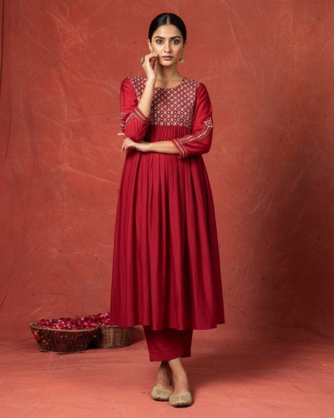 Crimson Heritage Chanderi Silk Anarkali Set – Hand-Embroidered Yoke & Tapered Trousers HANDMADEAHOLIC BY MISHKA