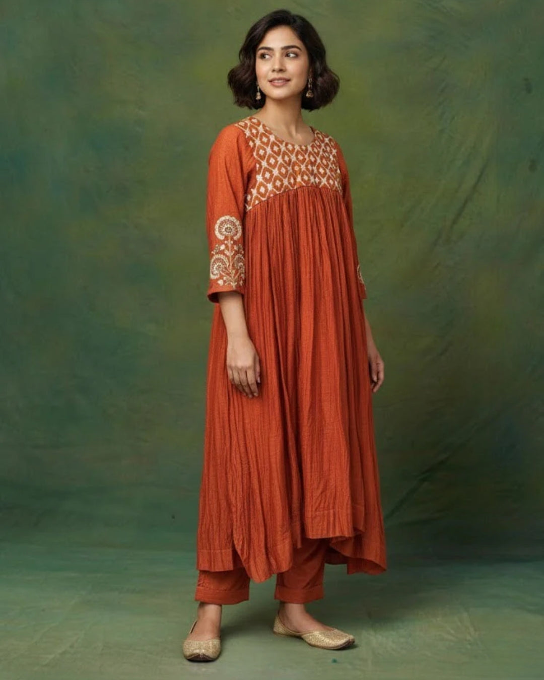 Rust Terracotta Chanderi Silk Anarkali Set – Hand-Embroidered Festive Kurta & Straight Pants HANDMADEAHOLIC BY MISHKA