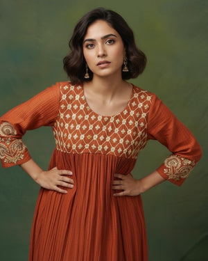 Rust Terracotta Chanderi Silk Anarkali Set – Hand-Embroidered Festive Kurta & Straight Pants HANDMADEAHOLIC BY MISHKA