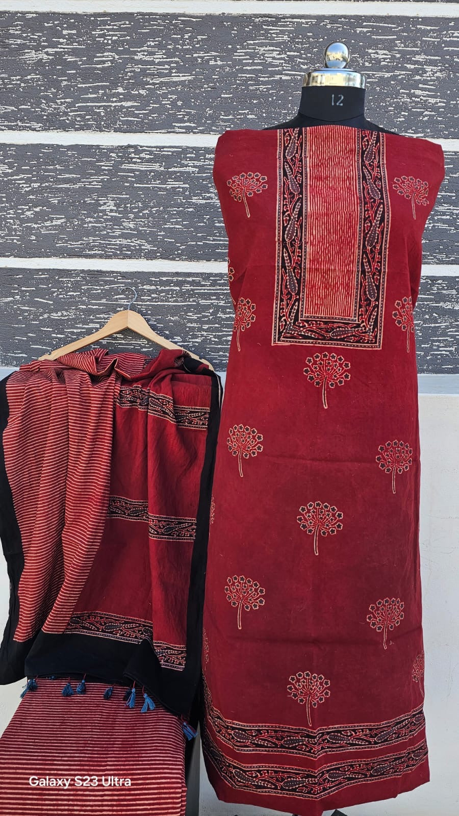 Heritage Ajrakh Hand-Block Printed Cotton Unstitched Suit Set – Crimson & Charcoal