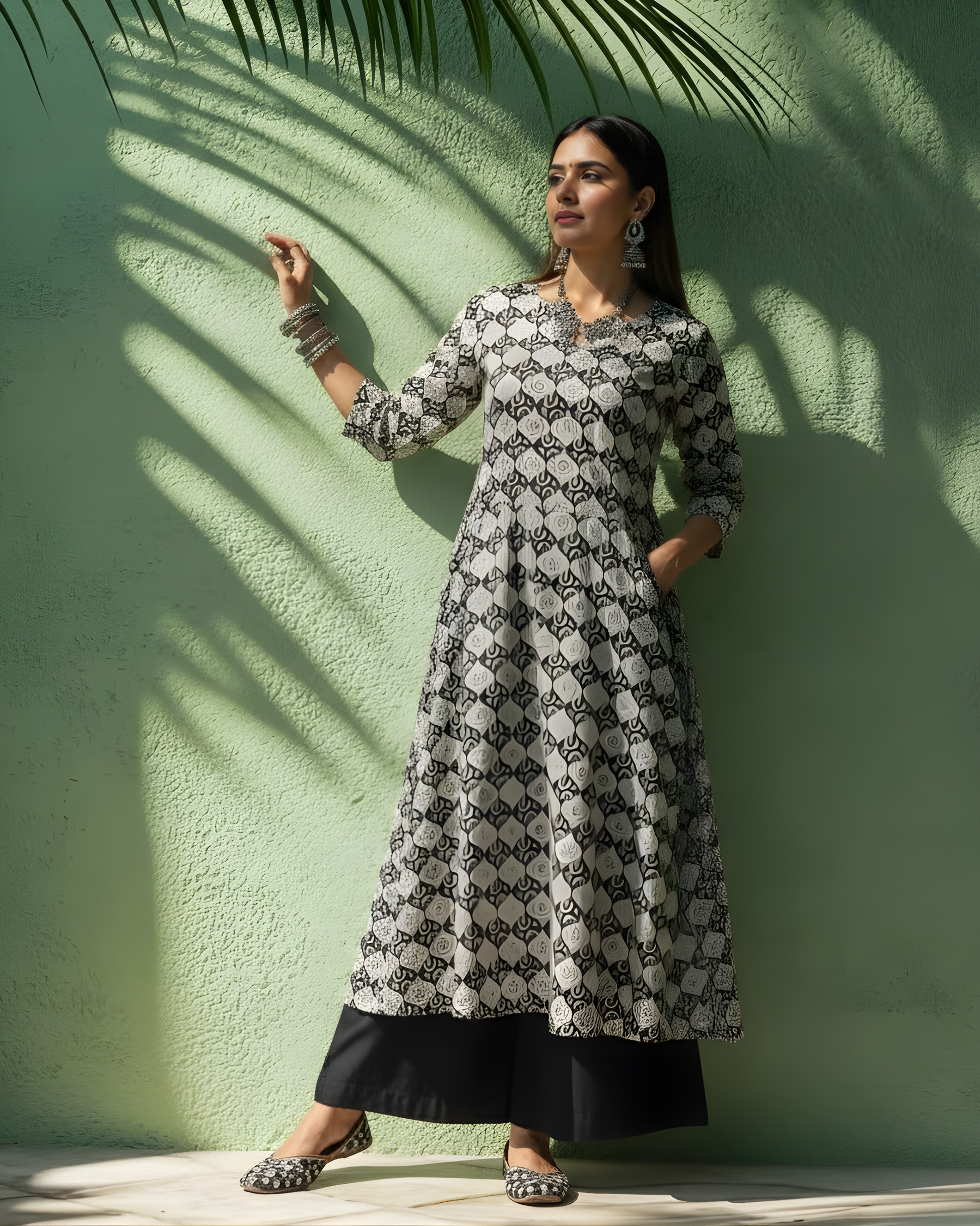 BLACK SKIN PRINT A-LINE SIDE CUT KURTA HANDMADEAHOLIC BY MISHKA