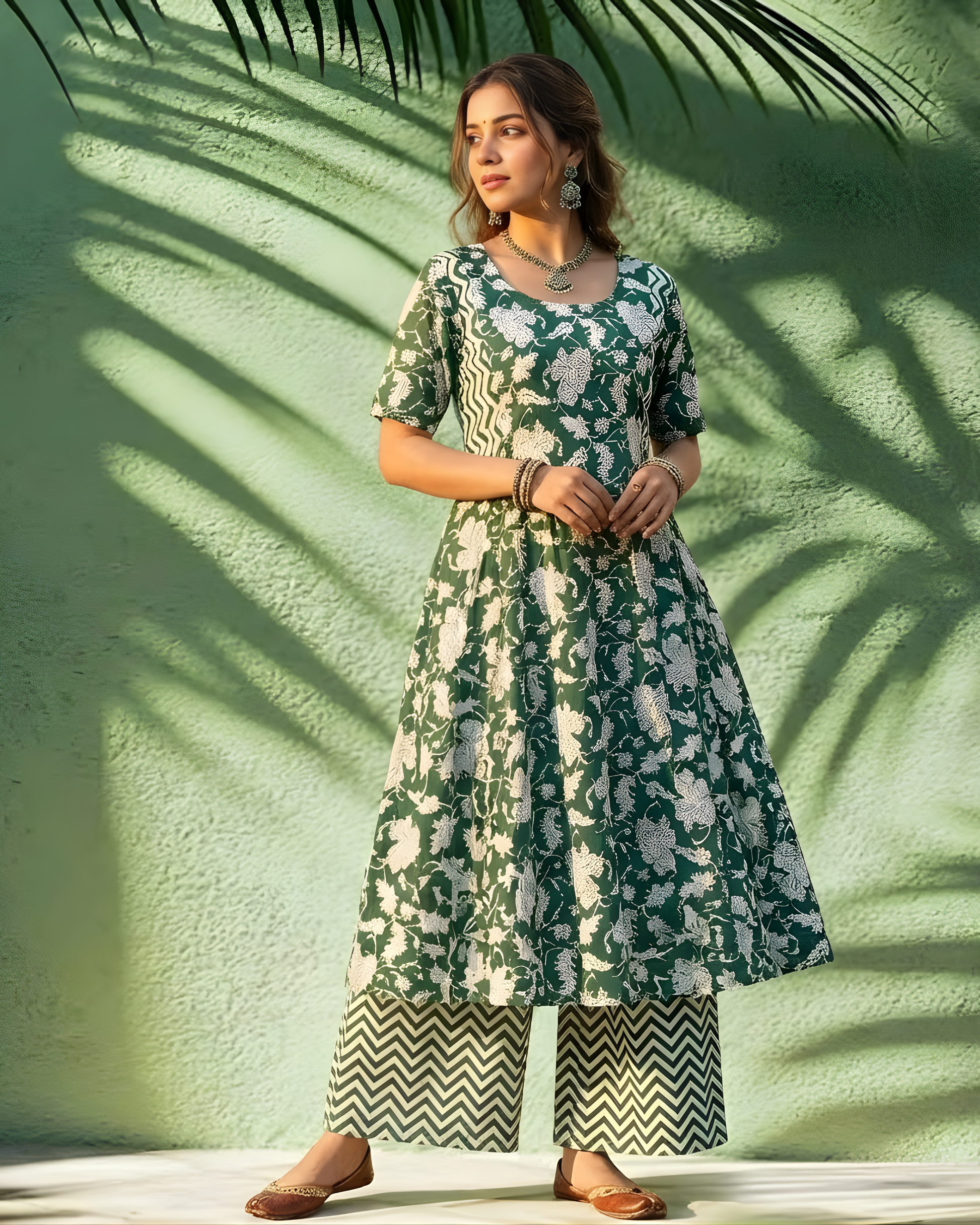 DARK GREEN SANGANERI COTTON KURTA PANT HANDMADEAHOLIC BY MISHKA